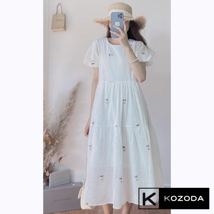 Đầm Váy Babydoll Hoa Cúc Tay Bồng Chất Xước Mát Mẻ Phong Cách Hàn Quốc Vintage Kozoda D24