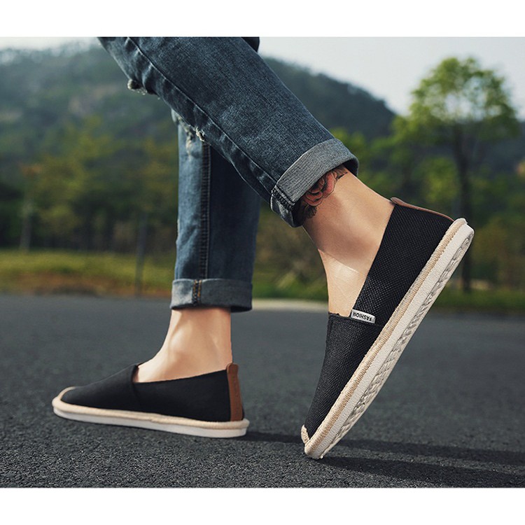 Slip on nam - Giày lười vải nam cao cấp - Vải bố màu đen, mũi cói - Mã SP 2905