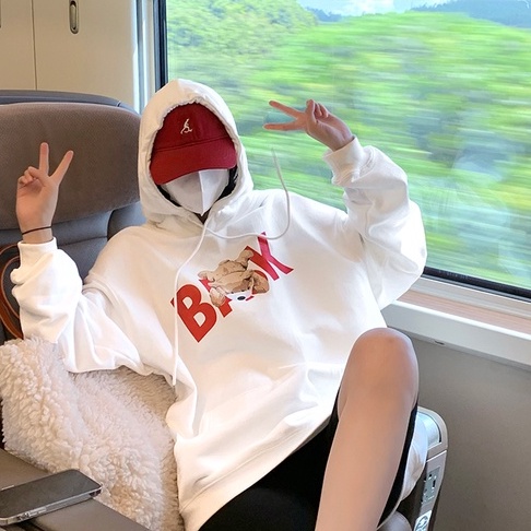 ZHELIHANGFEI Áo Hoodie Tay Dài Form Rộng Họa Tiết Gấu Theo Phong Cách Preppy Dễ Phối Đồ