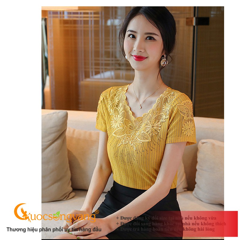Áo thun nữ kiểu màu vàng áo thun thêu đính đá GLA263 Cuocsongvang