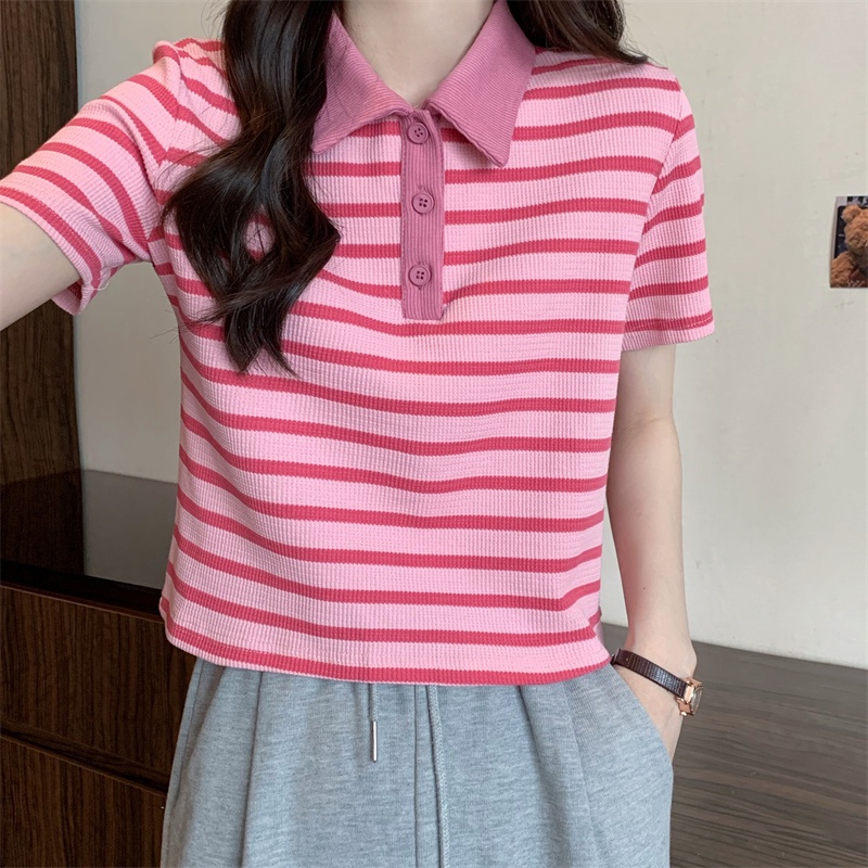 Áo polo nữ phối kẻ ngang , Áo thun cổ bẻ chất cotton xốp mặc đẹp dưới 56kg M7086