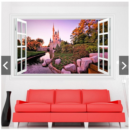 Decal trang trí khung cửa sổ 3D lâu đài suối đá