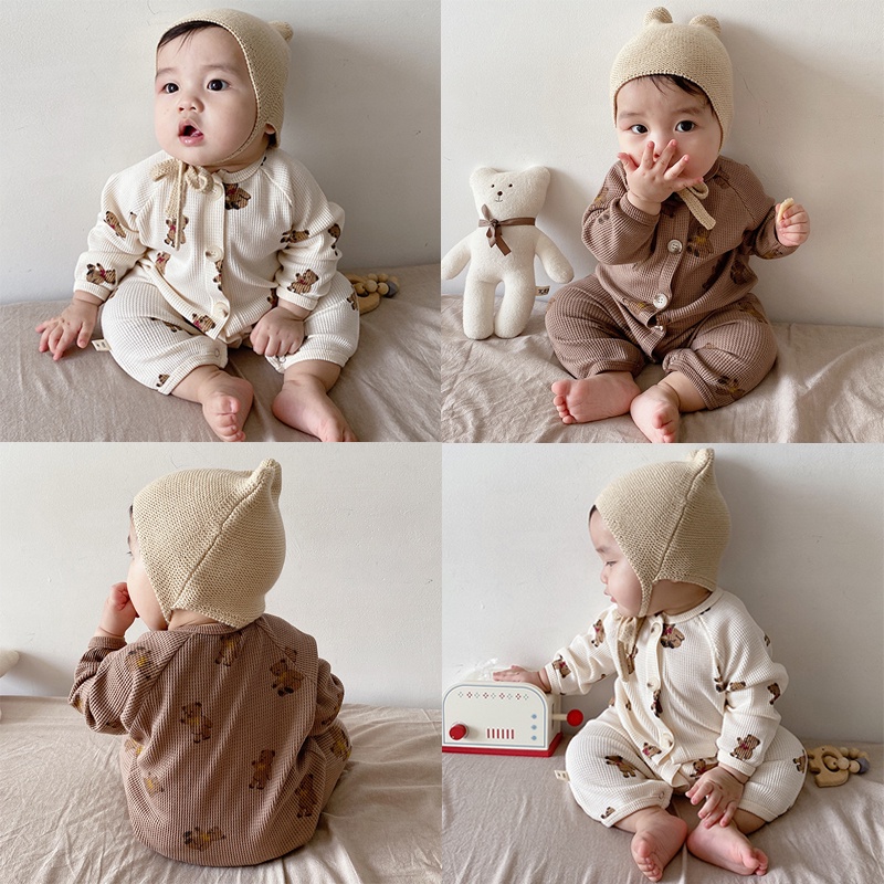 Bộ áo liền quần tay dài in hình chú gấu dễ thương thời trang mùa thu dành cho bé sơ sinh