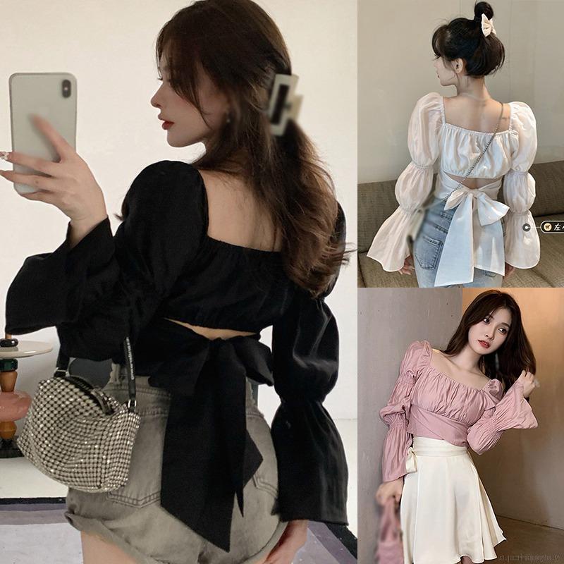 Áo croptop tay dài buộc nơ hở lưng trẻ trung cho nữ