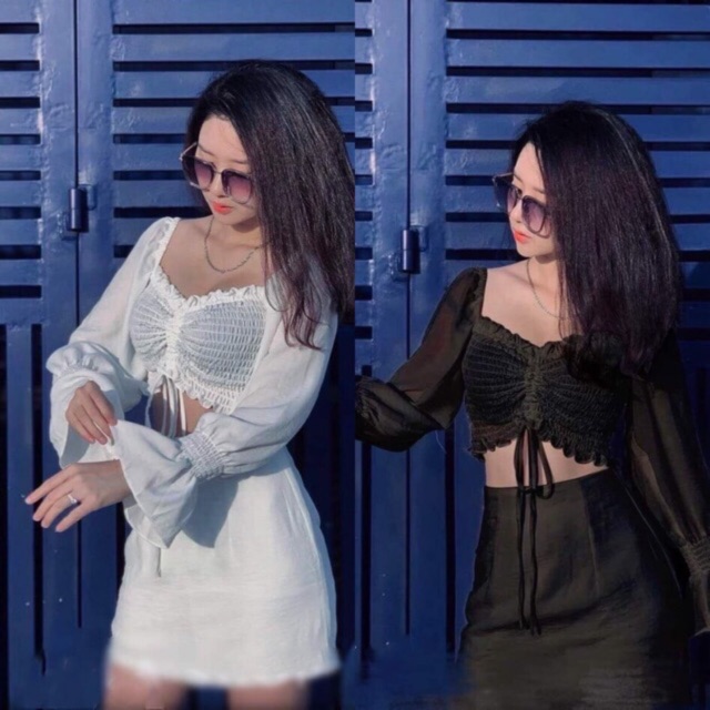 Áo trễ vai nhún rút dây ngực (hình thật chụp áo) hàng voan đẹp
