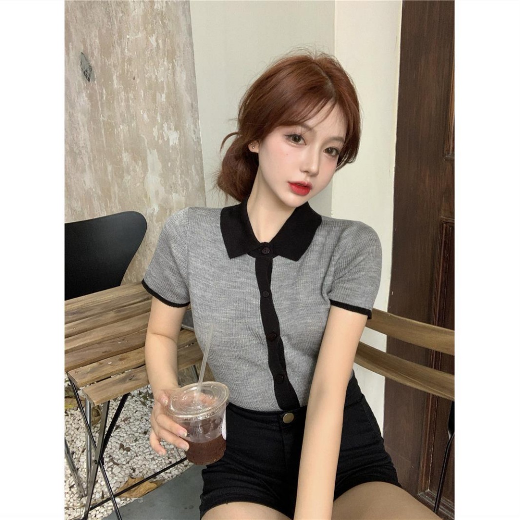 HPCL📣Áo polo dệt kim tay ngắn cổ bẻ phối màu thời trang mùa hè cho nữ | BigBuy360 - bigbuy360.vn