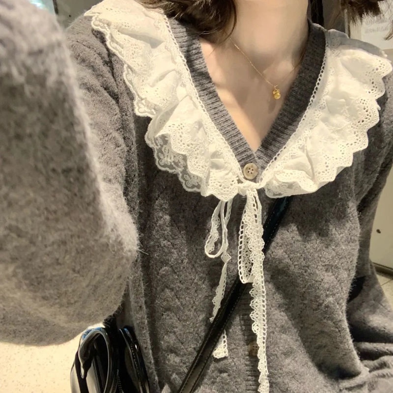 Áo khoác cardigan dệt kim dáng rộng phối ren thời trang thu đông cho nữ ins2021