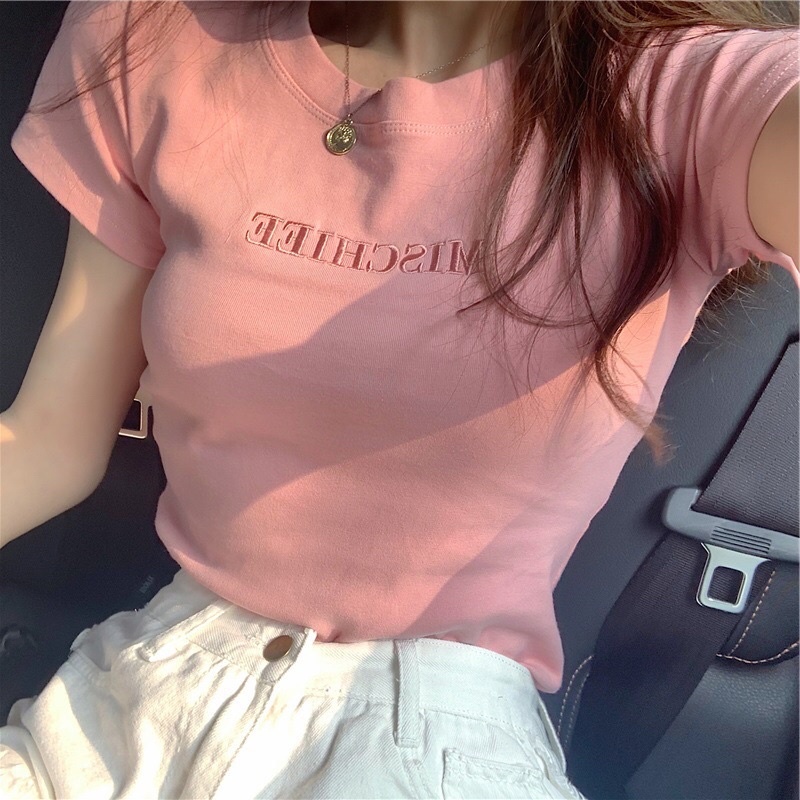 Áo Thun Croptop Tay Ngắn Cổ Tròn Thêu Chữ Dáng Ôm Body Phong Cách Ulzzang Hàn Quốc, Hồng Mischiee