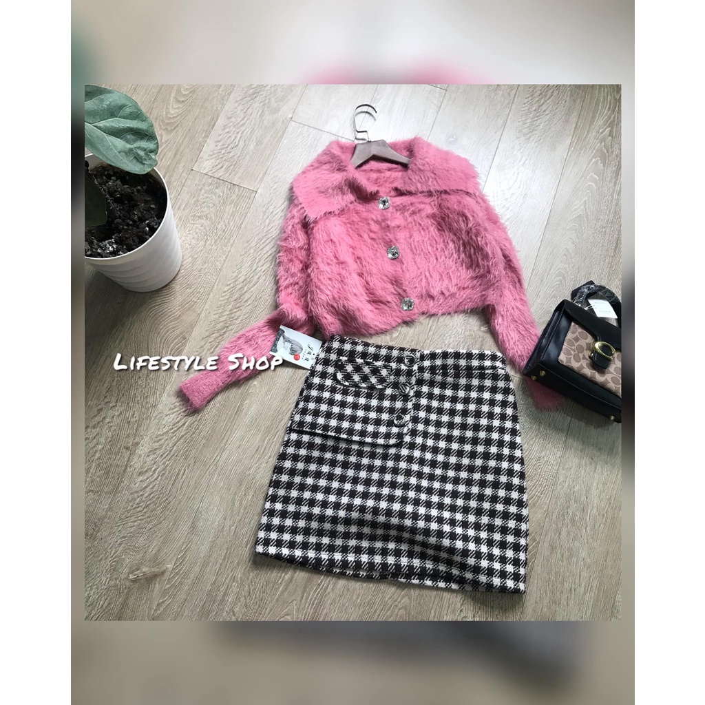 Áo len lông cổ bẻ khuy đá dáng lửng phom gọn hàng Quảng Châu