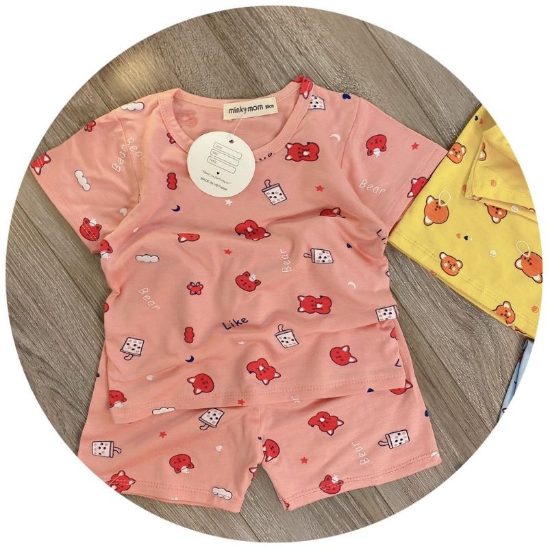 Bộ Minky Thun Lạnh in Hình Gấu cho Bé Trai bé gái 8-18kg