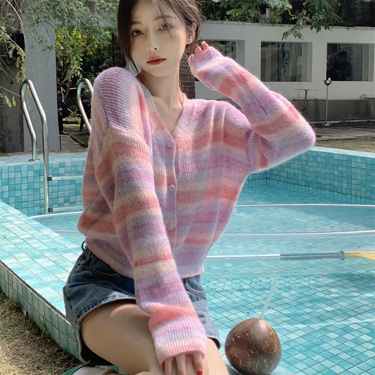 Áo Khoác Cardigan Dệt Kim Cổ Chữ V Tay Dài Dáng Rộng Kẻ Sọc Cầu Vồng Xinh Xắn Cho Nữ