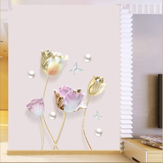 Decal trang trí tường - Hoa hồng ánh vàng và những hạt châu