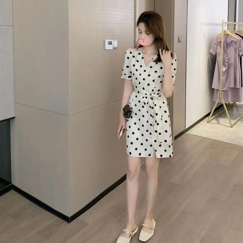 Đầm Cổ Chữ V Họa Tiết Chấm Bi Thiết Kế Mới Thời Trang Mùa Hè Theo Phong Cách Pháp Cho Nữ