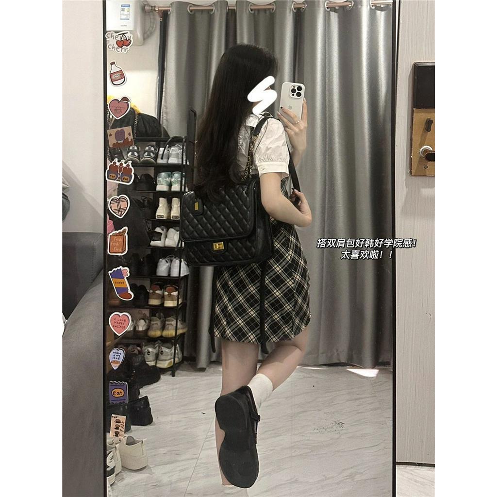 63634 Đầm Ôm Hông Giả Hai Lớp Phong Cách Preppy Retro Mỹ