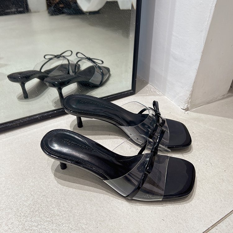 Dép Sandal Cao Gót Trong Suốt Mũi Vuông Thắt Nơ Thời Trang Mùa Hè Cho Nữ