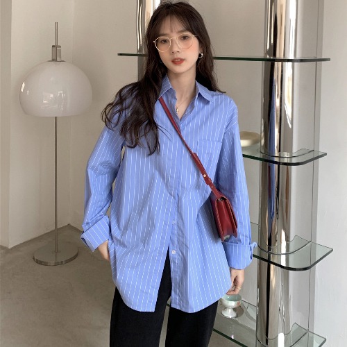 Áo sơ mi tay dài dáng rộng họa tiết kẻ sọc thời trang trẻ trung cho phái nữ