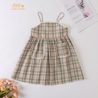 Váy dây kẻ linen bé gái phối ren nhỏ,