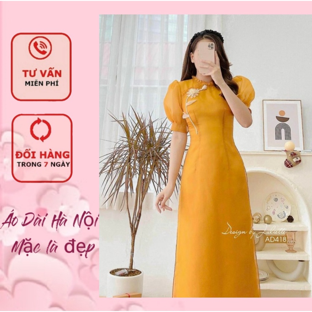 Áo dài von tơ 4 tà màu vàng và xanh - ÁO DÀI HÀ NỘI