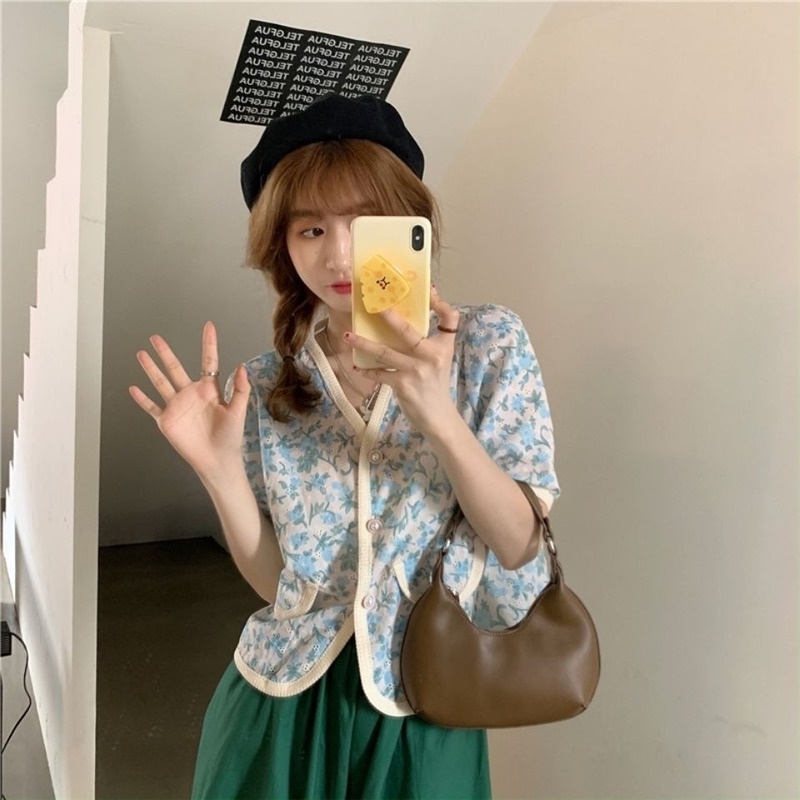 Set Áo Sơ Mi Ngắn Tay Thêu Họa Tiết Và Chân Váy Lưng Cao Phong Cách Hàn Quốc