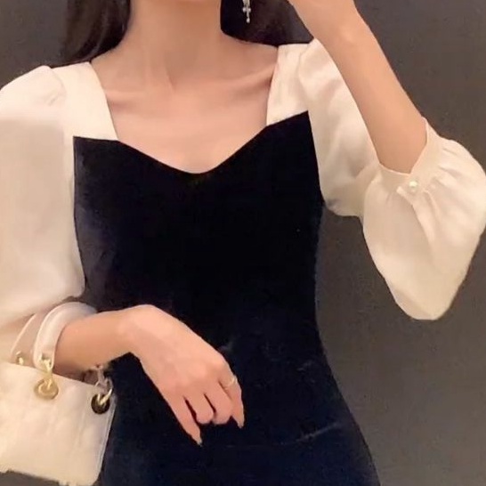 Váy nữ đẹp body nhung dáng dài phối tay voan trắng xẻ tà trẻ trung thanh lịch kiểu dáng Hàn Quốc NITEHY 19