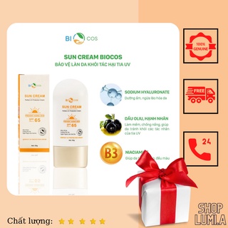Kem chống nắng nâng tone cho da dầu mụn nhạy cảm ,khô BIOCOS SPF 65+ dạng vật lý hóa học tinh dầu hạnh nhân oliu LuMI.A