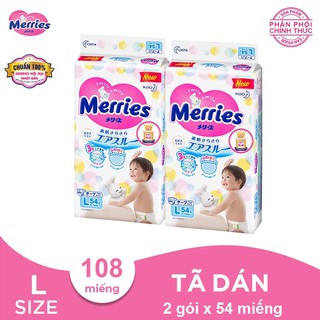 [Tặng Lật Đật Gỗ] Combo 2 Tã/bỉm dán Merries size L - 54 miếng (Cho bé dưới 9-14 kg)