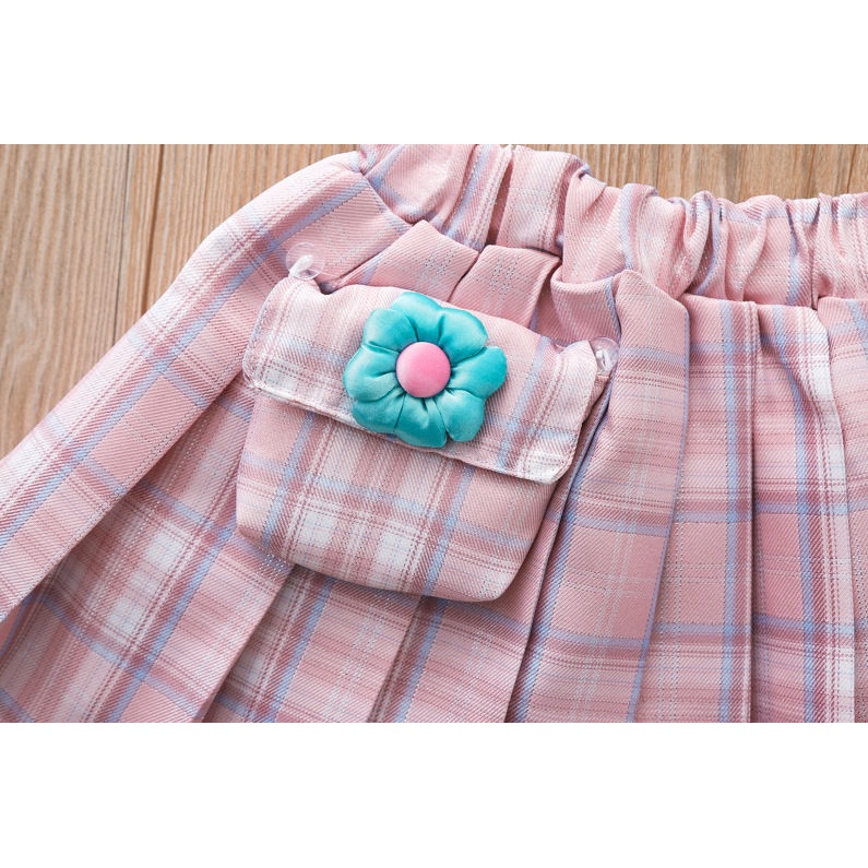 Set Áo Thun POLO Ngắn Tay + Chân Váy Xếp Ly Thời Trang Cho Bé Gái