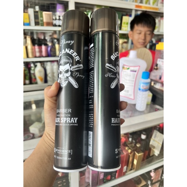 keo xịt tóc , gôm BUCANEER barber hình đài lâu  chai màu đen 320ml  xịt cứng tóc vừa dễ tạo nếp giữ nếu lâu