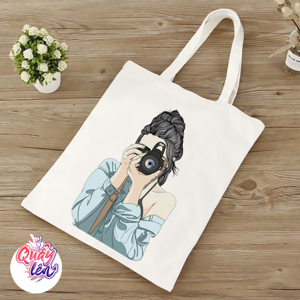 Túi tote vải canvas họa tiết cô gái dễ thương có khóa miệng