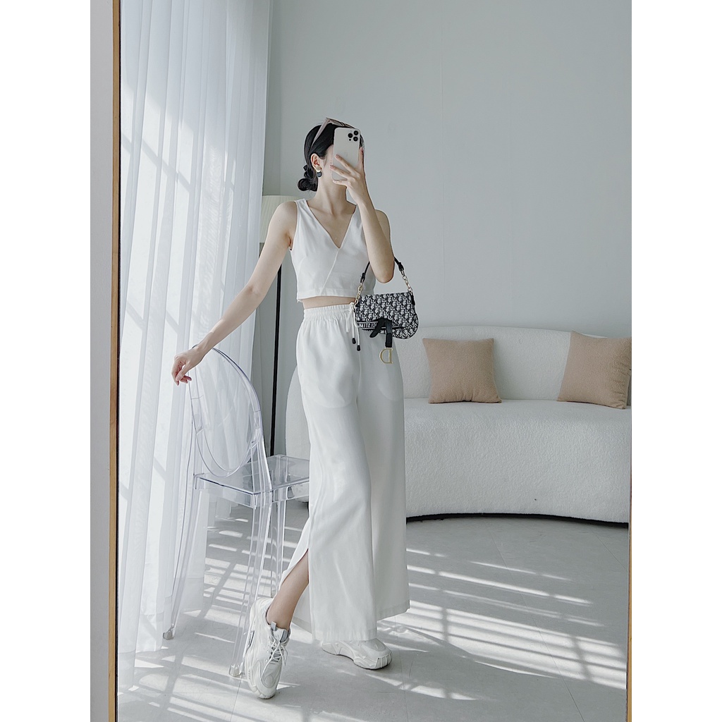 Set áo cổ V không tay quần dài cạp chun xẻ tà tôn dáng, set áo croptop quần ống rộng ống loe Tocal TOP003- PFO003