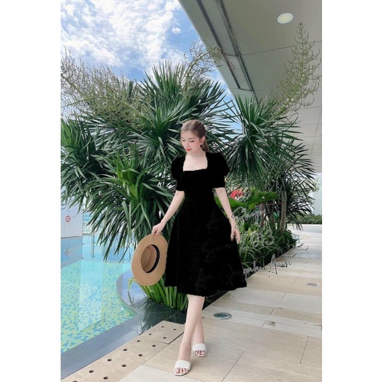 Đầm xòe tay phồng cổ lục giác