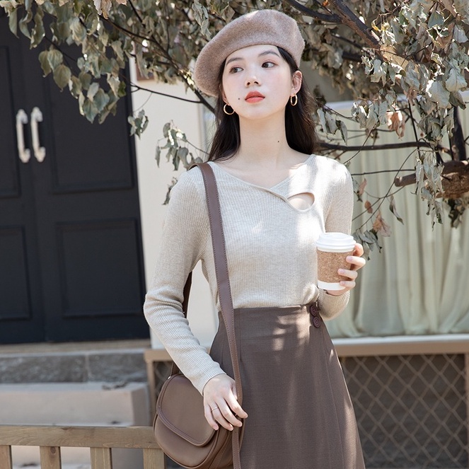 Áo dệt kim ZHELIHANGFEI tay dài dáng ôm thiết kế lỗ thời trang sang trọng dễ phối đồ cho nữ