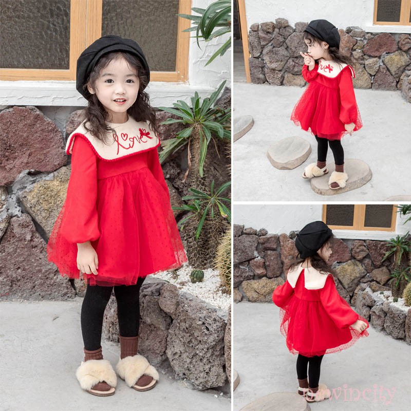 Đầm nhung phối lưới màu đỏ phong cách Hàn Quốc cho bé gái