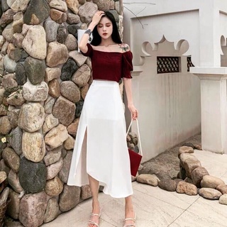 Set chân váy lụa xẻ tà