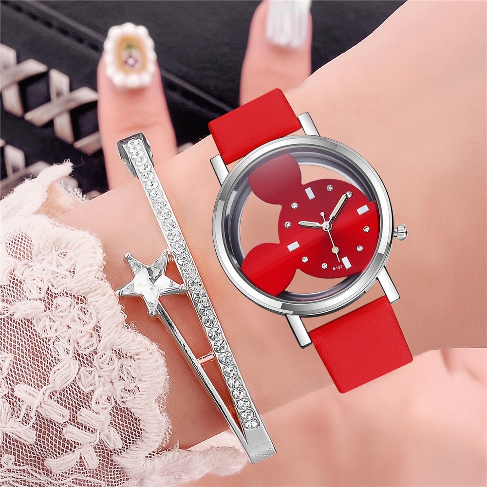 Đồng hồ đeo tay dây da mặt hình chuột Mickey dành cho nữ