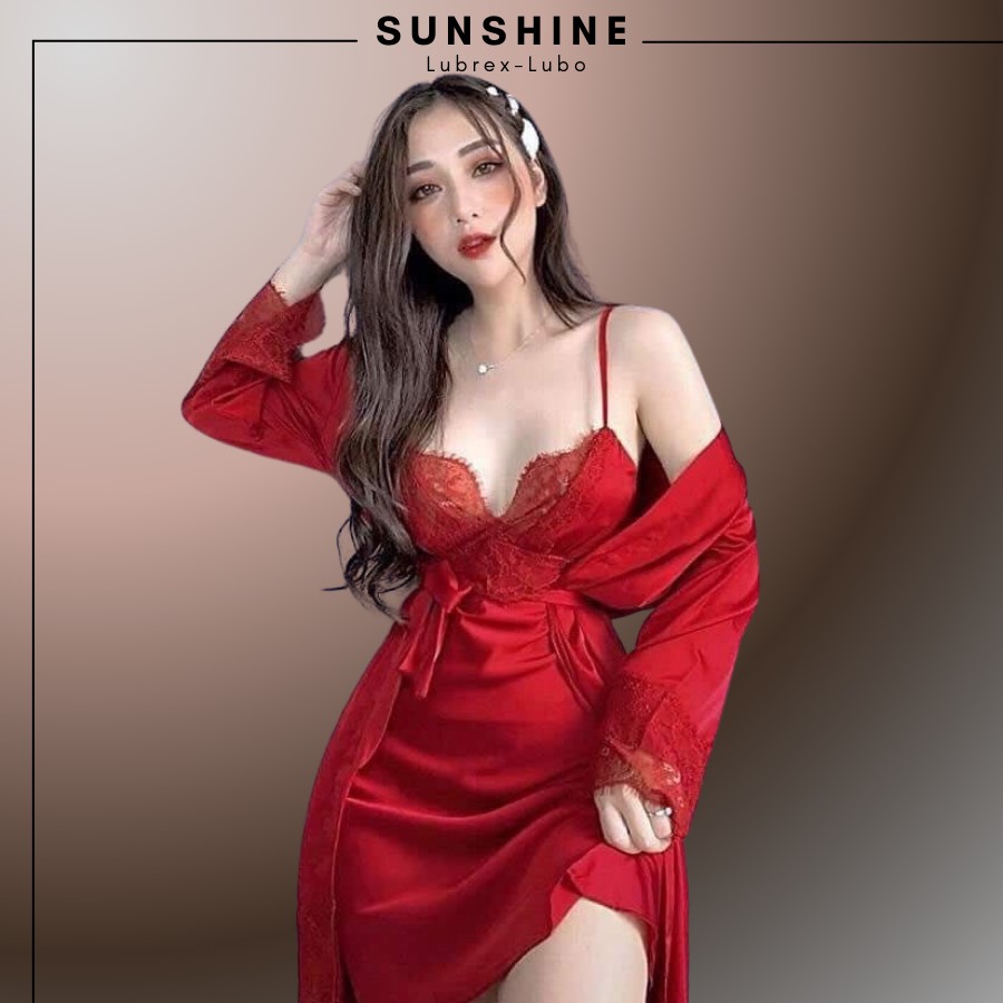 Sét 4 Món Đồ Ngủ Lụa Cao Cấp Bộ Mặc Ngủ Mặc Nhà Có Mút Ngực màu Đỏ