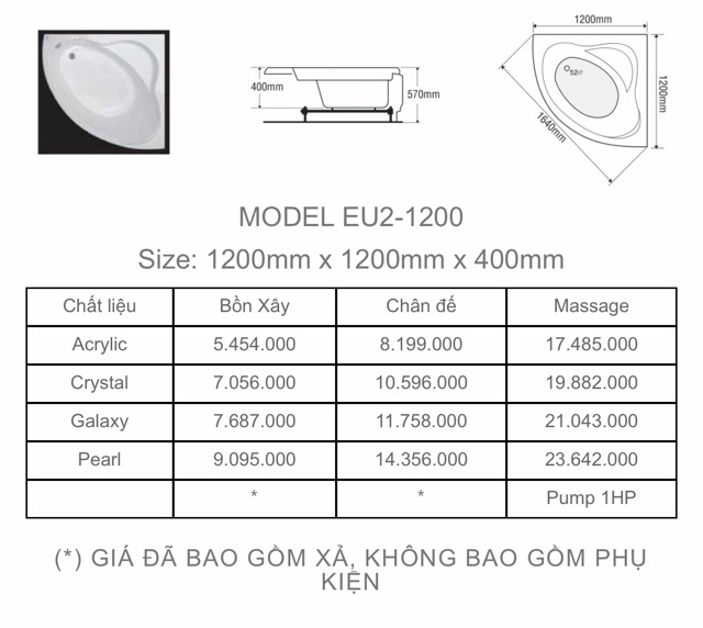 BỒN TẮM GÓC EUROCA  - MODEL EU2 - 1200 - BẢO HÀNH 3 NĂM