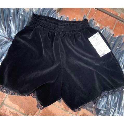 Quần short đùi nhung nữ đen kiểu cạp cao chun phối ren dáng bồng tiểu thư sang chảnh hack dáng- sooc nữ lưng cao
