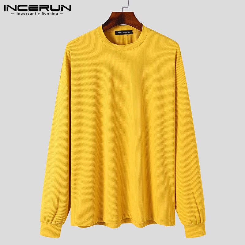 Áo thun chui đầu INCERUN tay dài màu trơn cổ tròn thường ngày cho nam