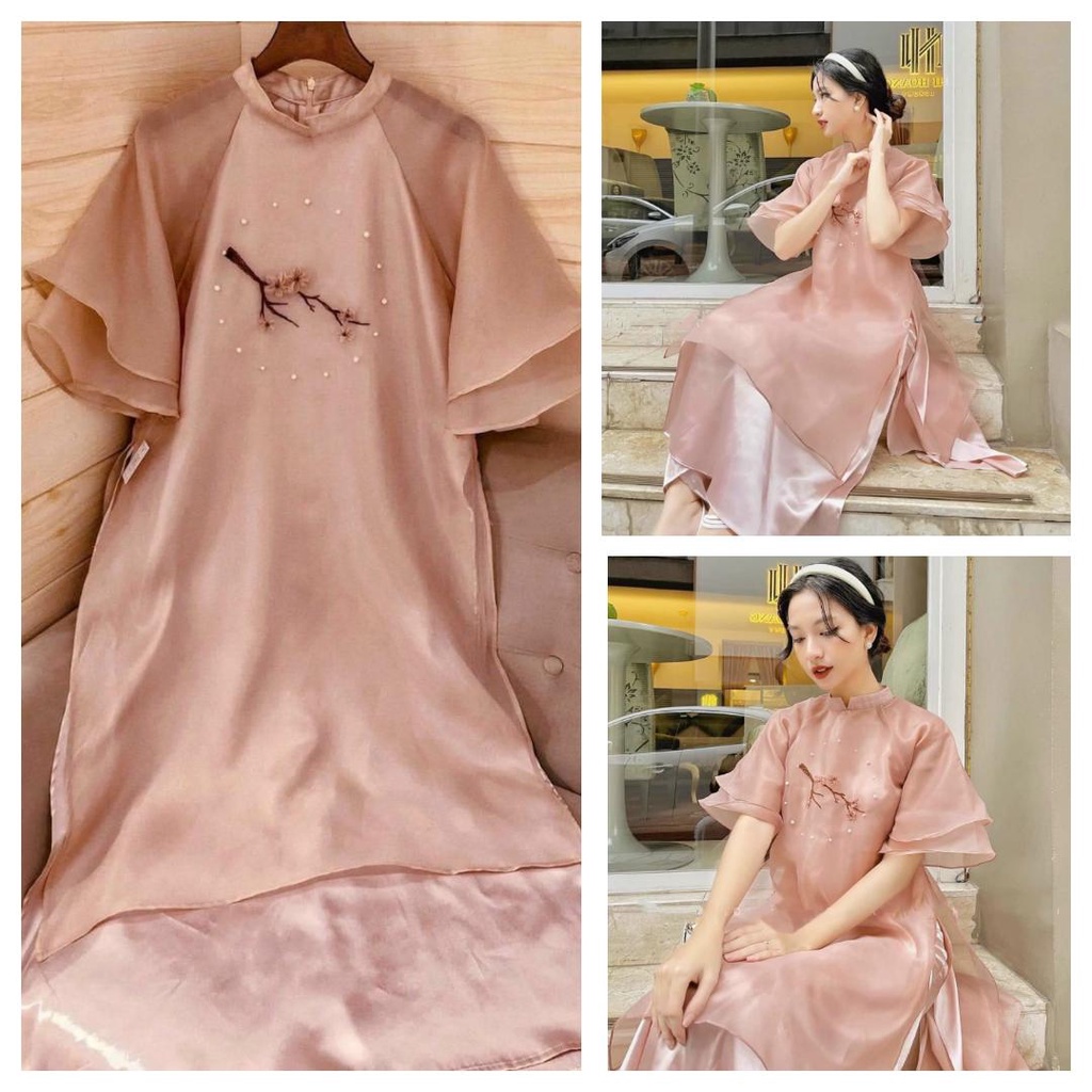 Set Bộ Áo Dài Lụa Hoa Đào Tây Hàng Thiết Kế Cực Sang Trọng Quý Phái - BY2109