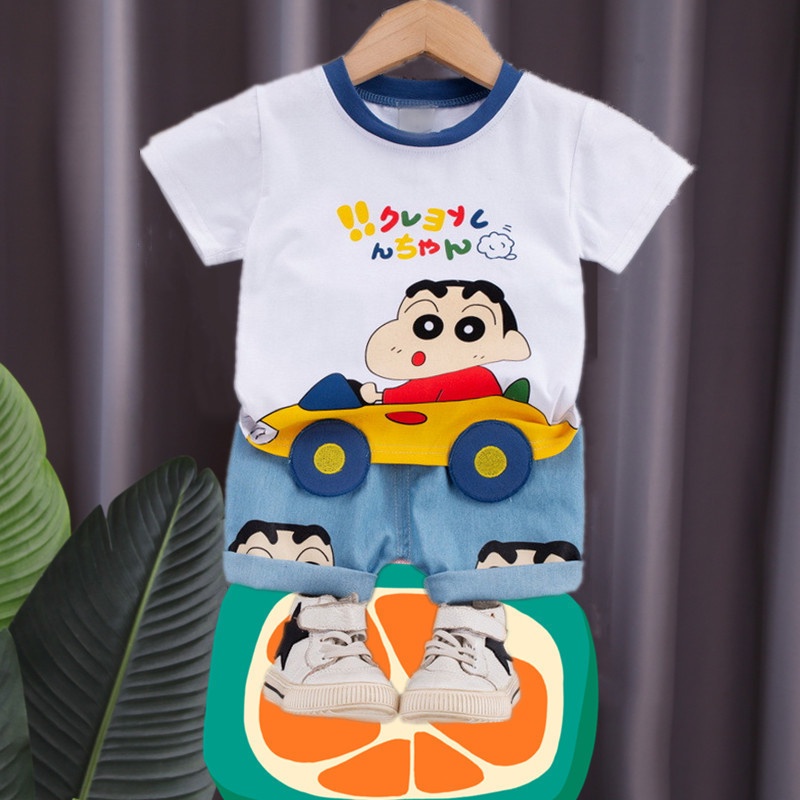 Set áo thun tay ngắn cổ tròn in họa tiết dễ thương + quần short denim thời trang cho bé trai