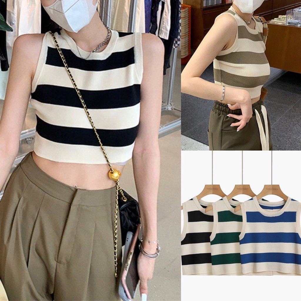 Áo croptop kẻ ngang len mongtoghi mềm mịn hàng QC siêu xinh, áo len ba lỗ dáng croptop