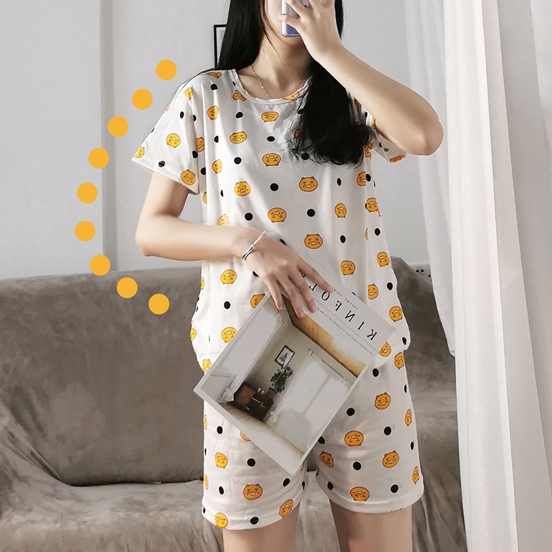 xiaohan korea summer short sleeve sleepwear sleeping wear women cute print loose Large size round neck nightwear sets female pajama suit