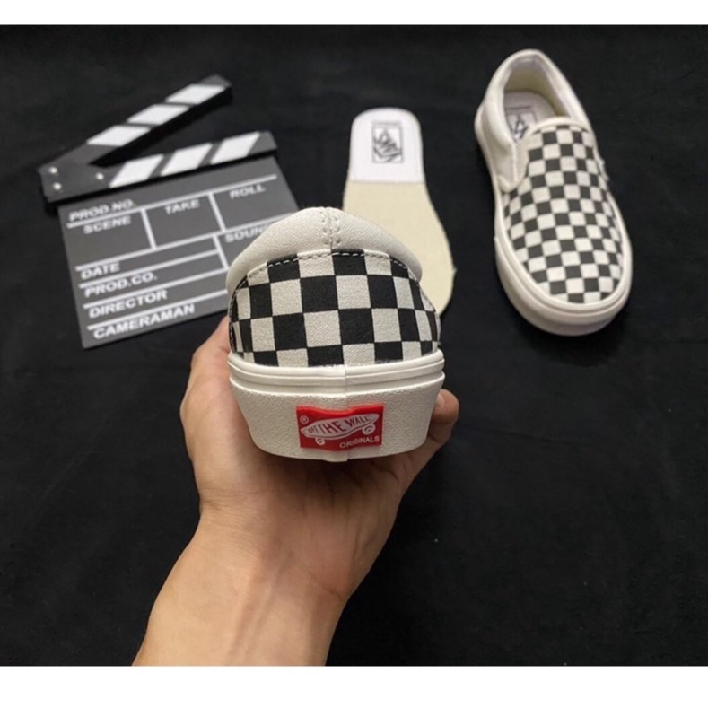 Giày Nam Nữ Vans Classic Lười Không Dây, Vans Caro Đen Trắng Full Box Bill