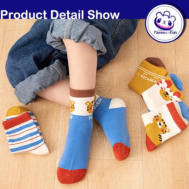 Bộ 5 Đôi Vớ 100% Cotton Thấm Hút Mồ Hôi In Họa Tiết Động Vật Hoạt Hình Dành Cho Bé Trai Gái