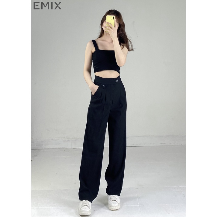 Quần suông cạp túi tam giác EMIX (4 màu), khóa cúc, dáng suông dài, form rộng, cạp cao, khóa giữa, chất ruby 255