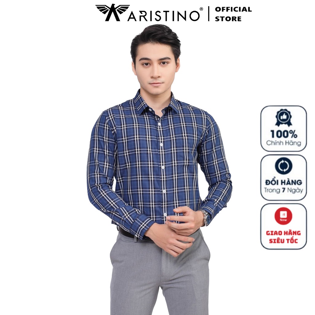 Áo Sơ Mi Nam Dài Tay ARISTINO ALS27601 Somi Công Sở Cao Cấp Màu Xanh Kẻ Trắng Đen Chất Liệu Sợi Sồi Dáng Regular Fit