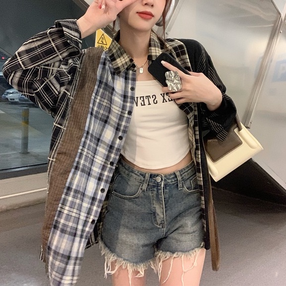 Áo sơ mi ZHELIHANGFEI tay dài dáng rộng họa tiết kẻ sọc thời trang cao cấp