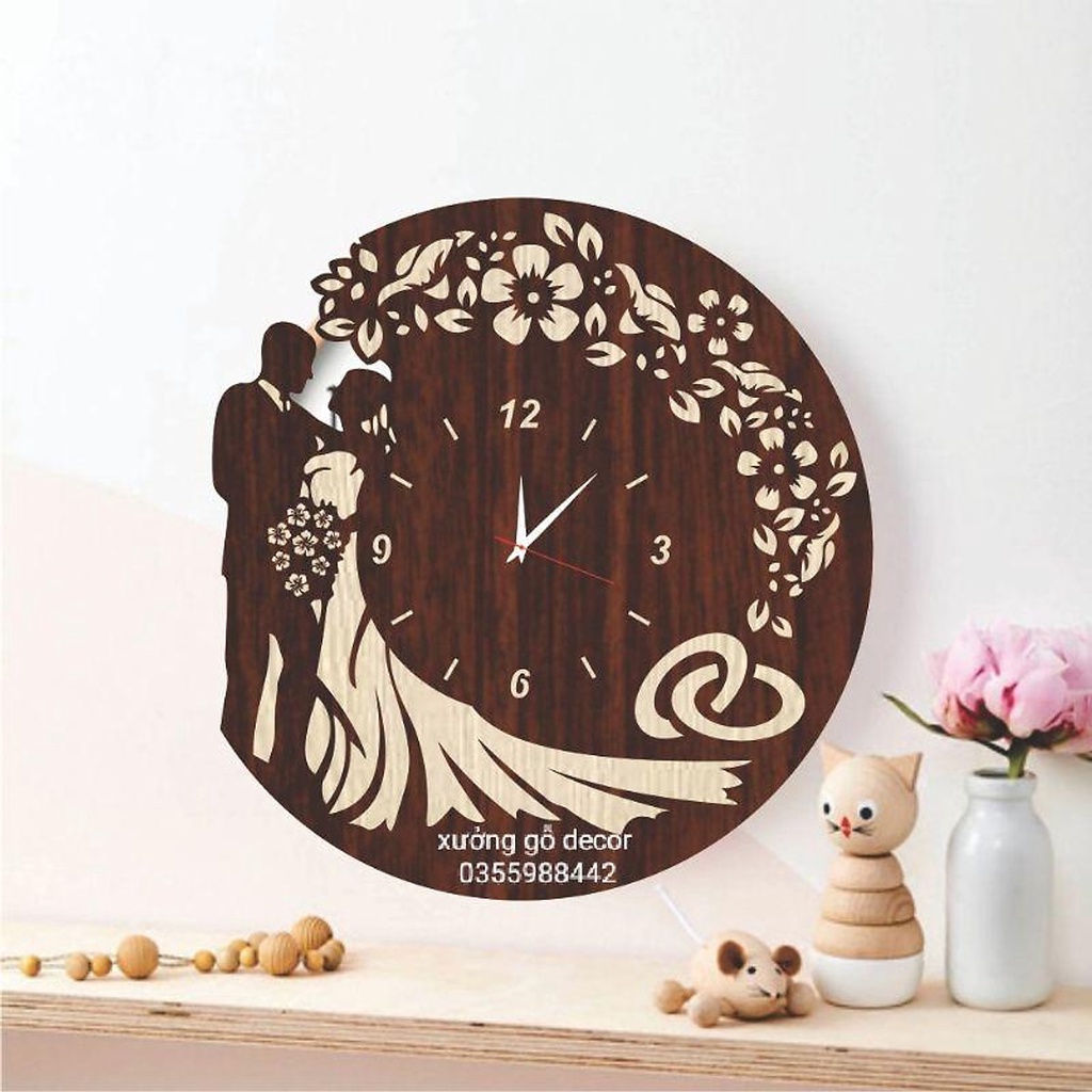 Đồng Hồ Treo Tường Bằng Gỗ Khắc Hình Cô Dâu Chú Rể Quà Tặng Đám Cưới, Tân Gia, Sự Kiện.