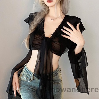 Áo vải lưới tay dài màu trơn nhìn xuyên thấu dành cho nữ